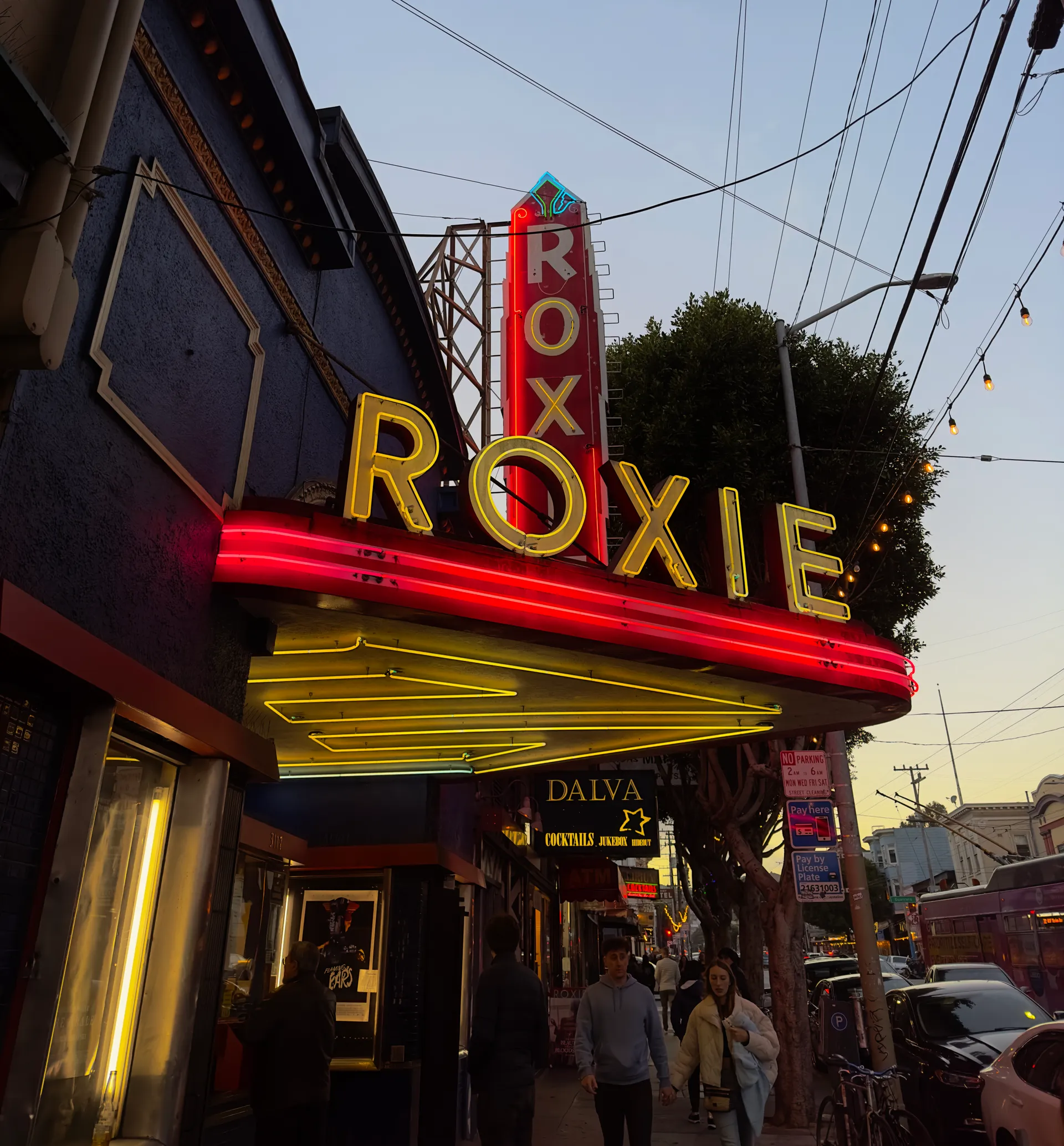 The sign for the Roxie Theater at dusk