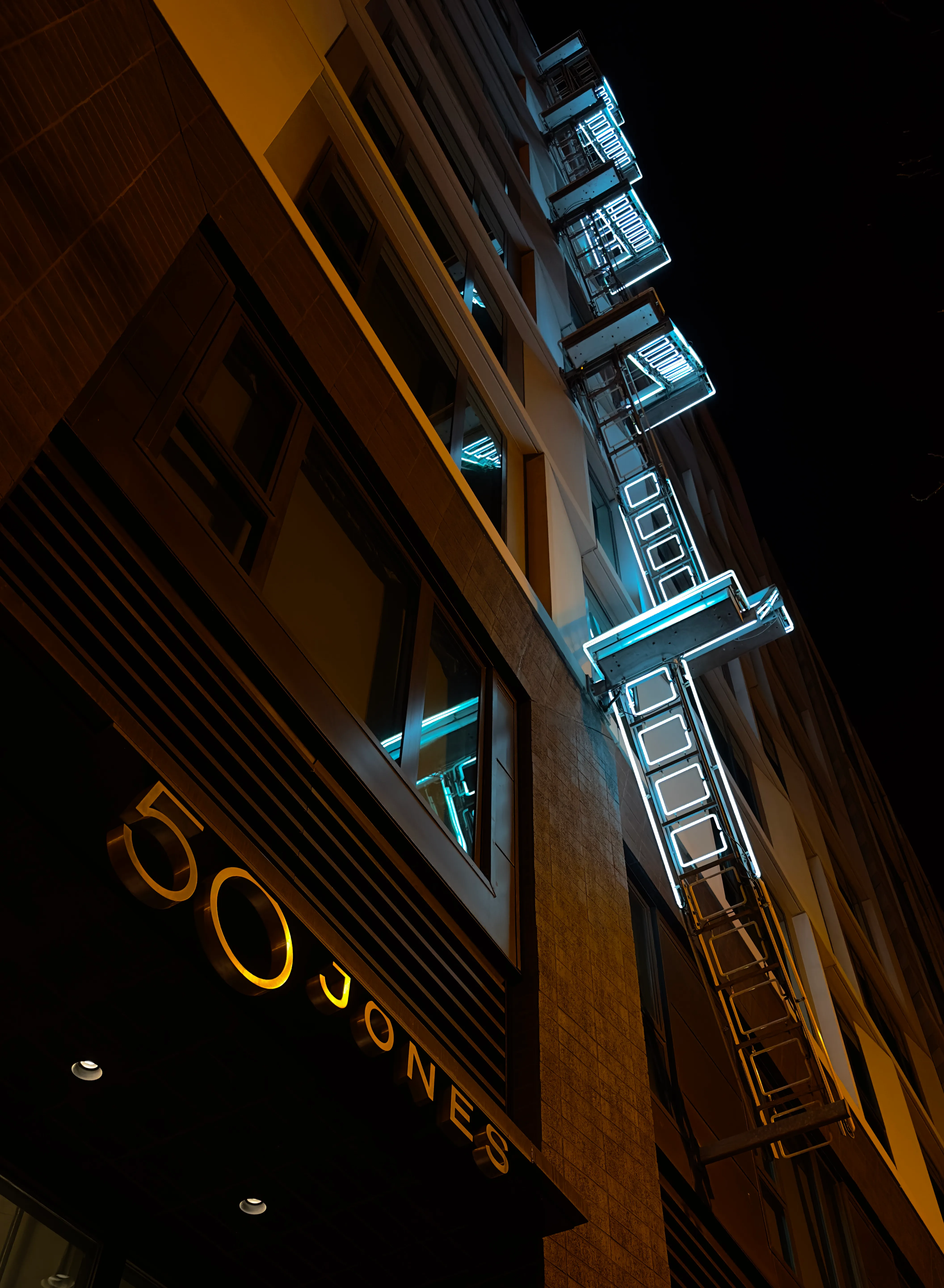 Light-up fire escape stairs along Market St