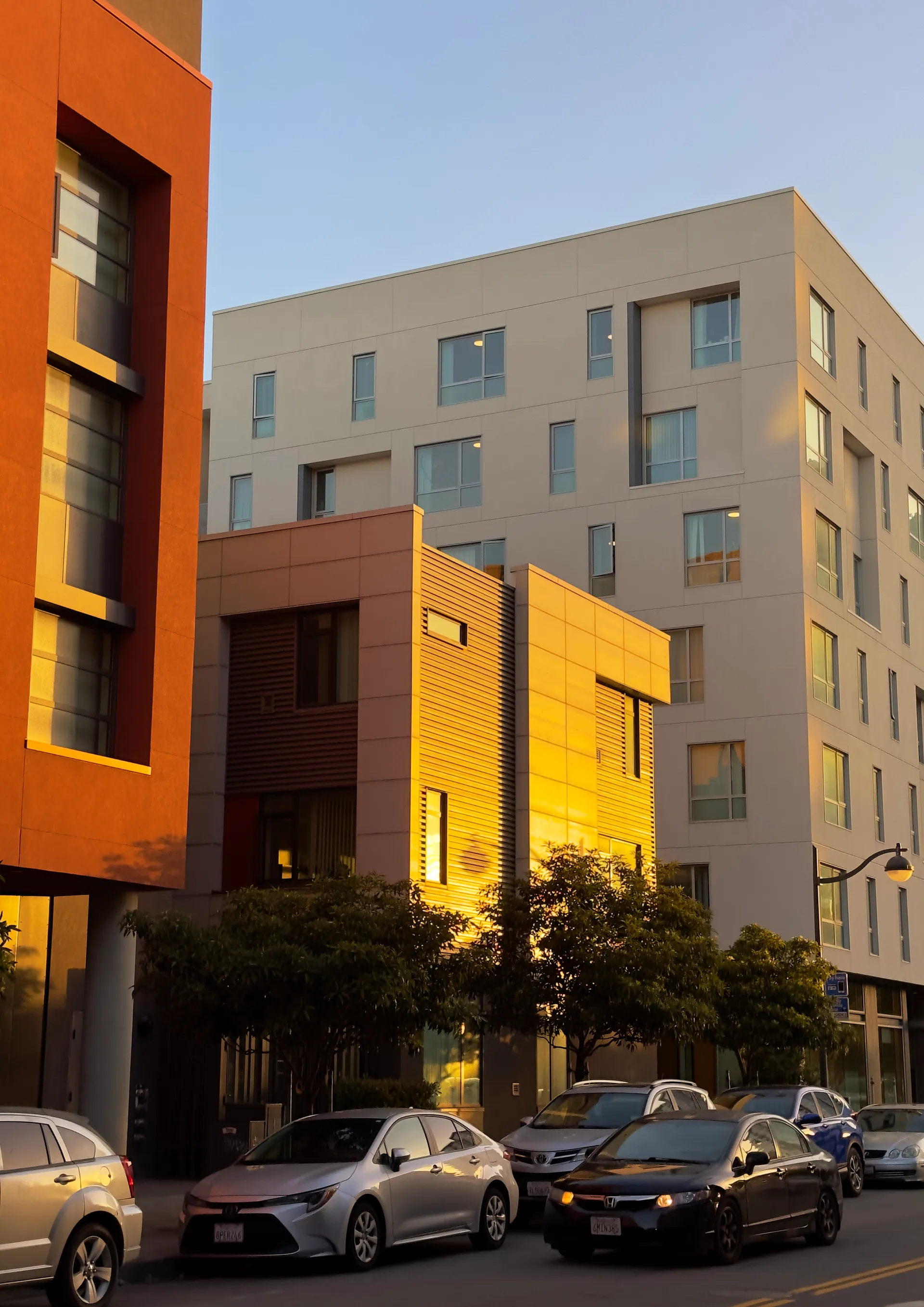 An apartment building in Mission Bay during golden hour
