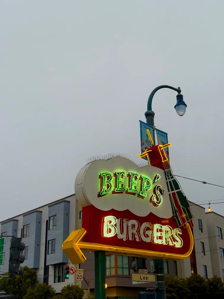 The sign for Beep’s Burgers in San Francisco