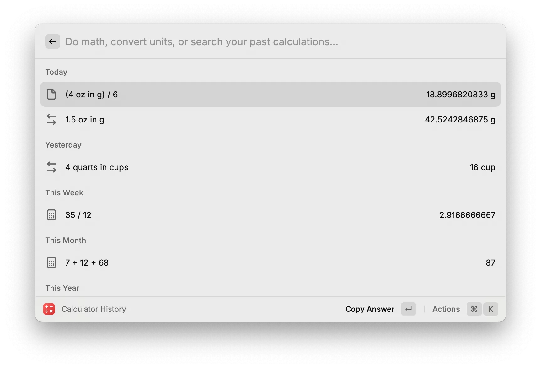 Raycast's calculator feature