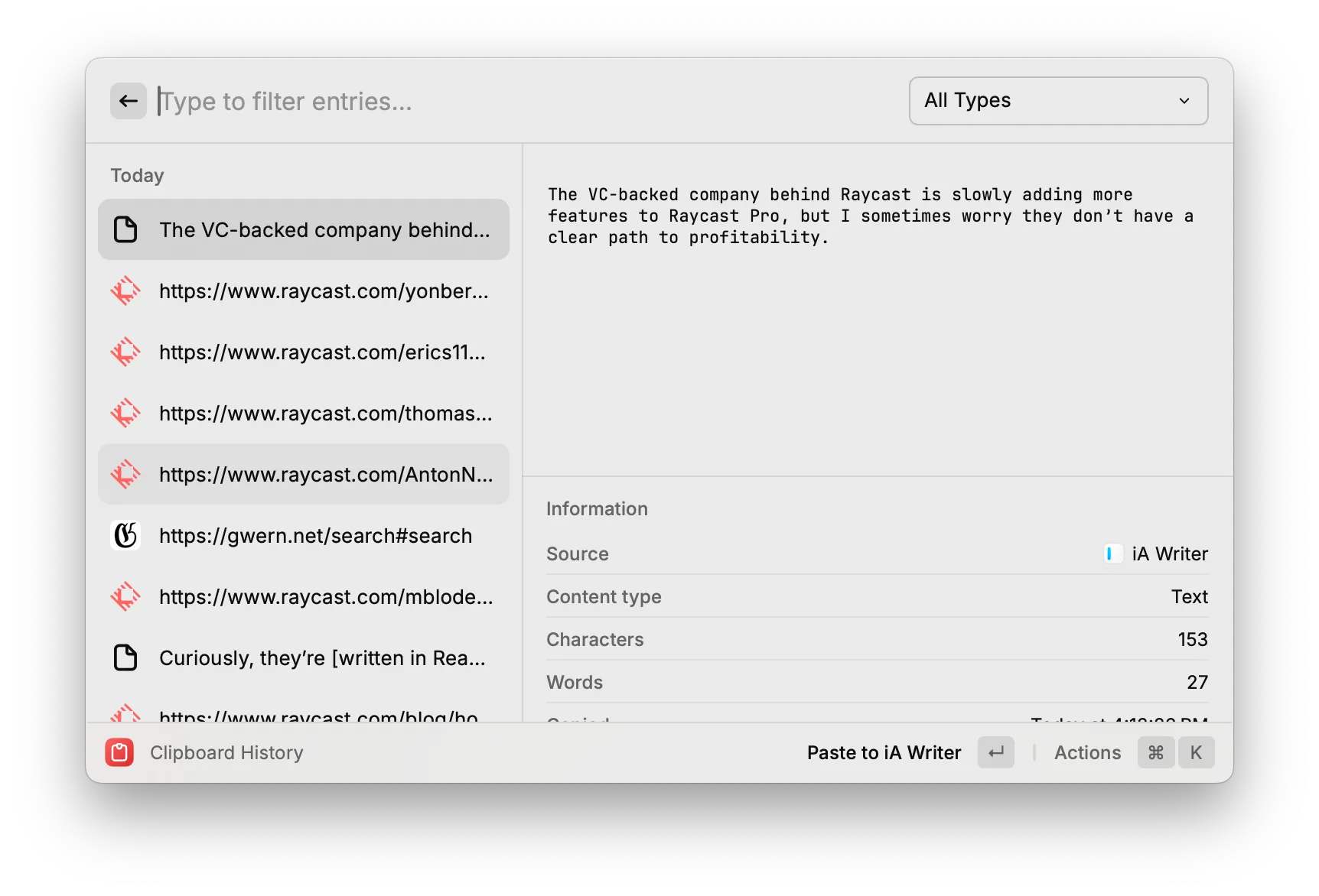 Raycast's clipboard management feature