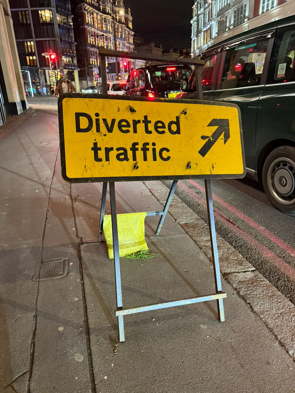 A sign reading "Diverted Traffic" in Knightsbridge, London