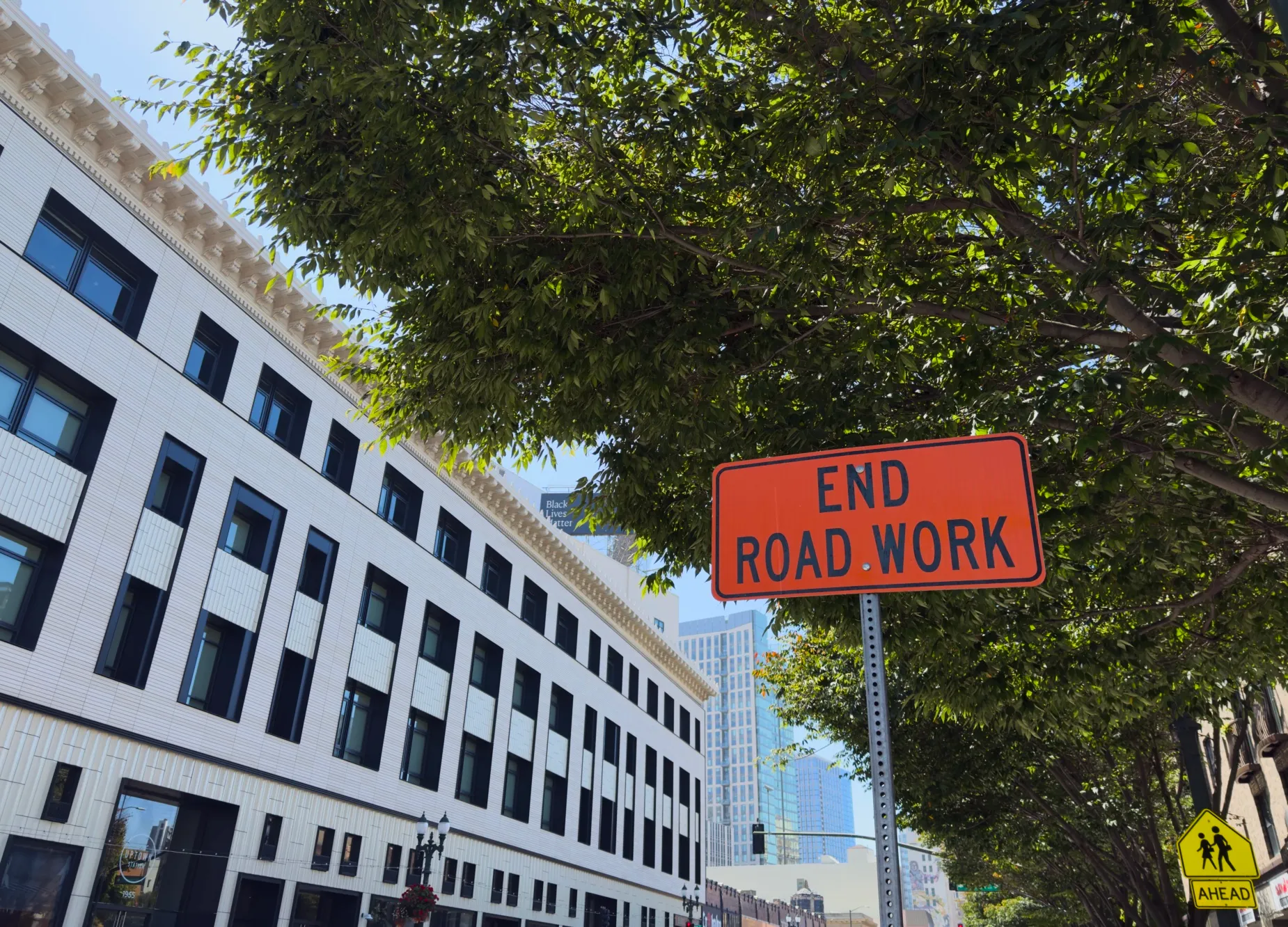 A sign in Oakland reading “End Road Work”