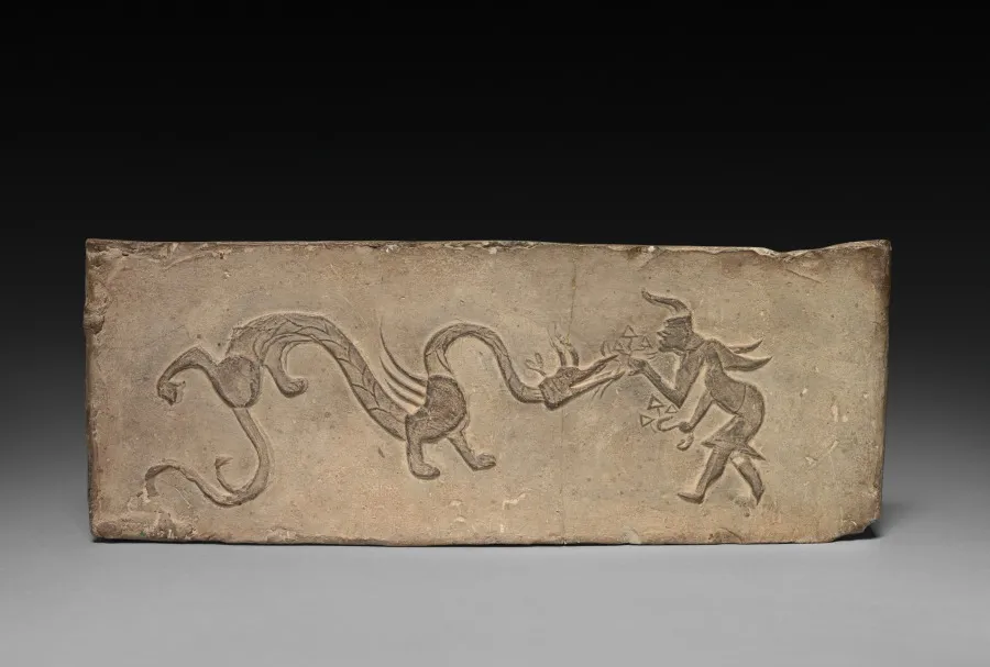 “Panel from Model Cooking Stove: Fairy Feeding Lingzhi Fungus to a Dragon”, 101-100 BC