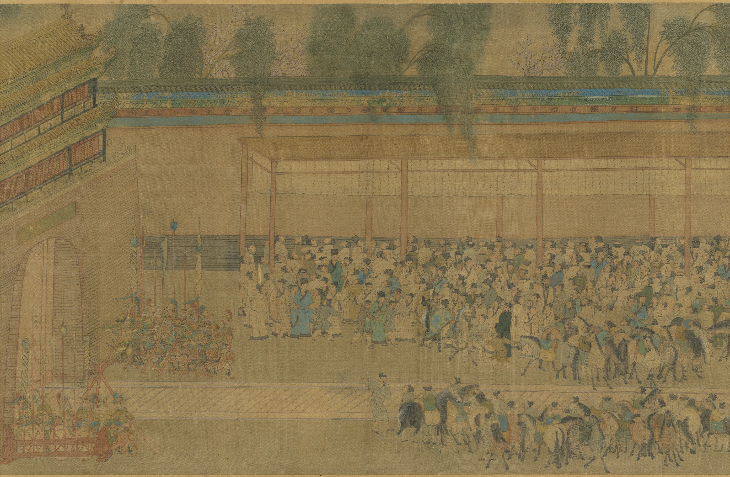 Chinese imperial examination candidates gathering around the wall where the results are posted, Qiu Ying, c. 1540