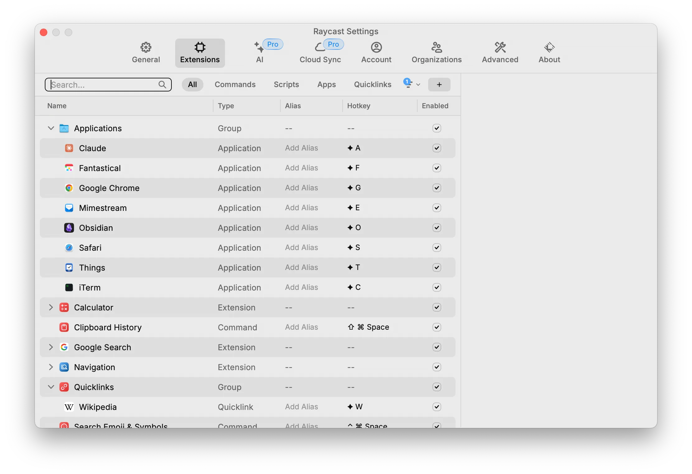 Raycast's keyboard shortcuts feature