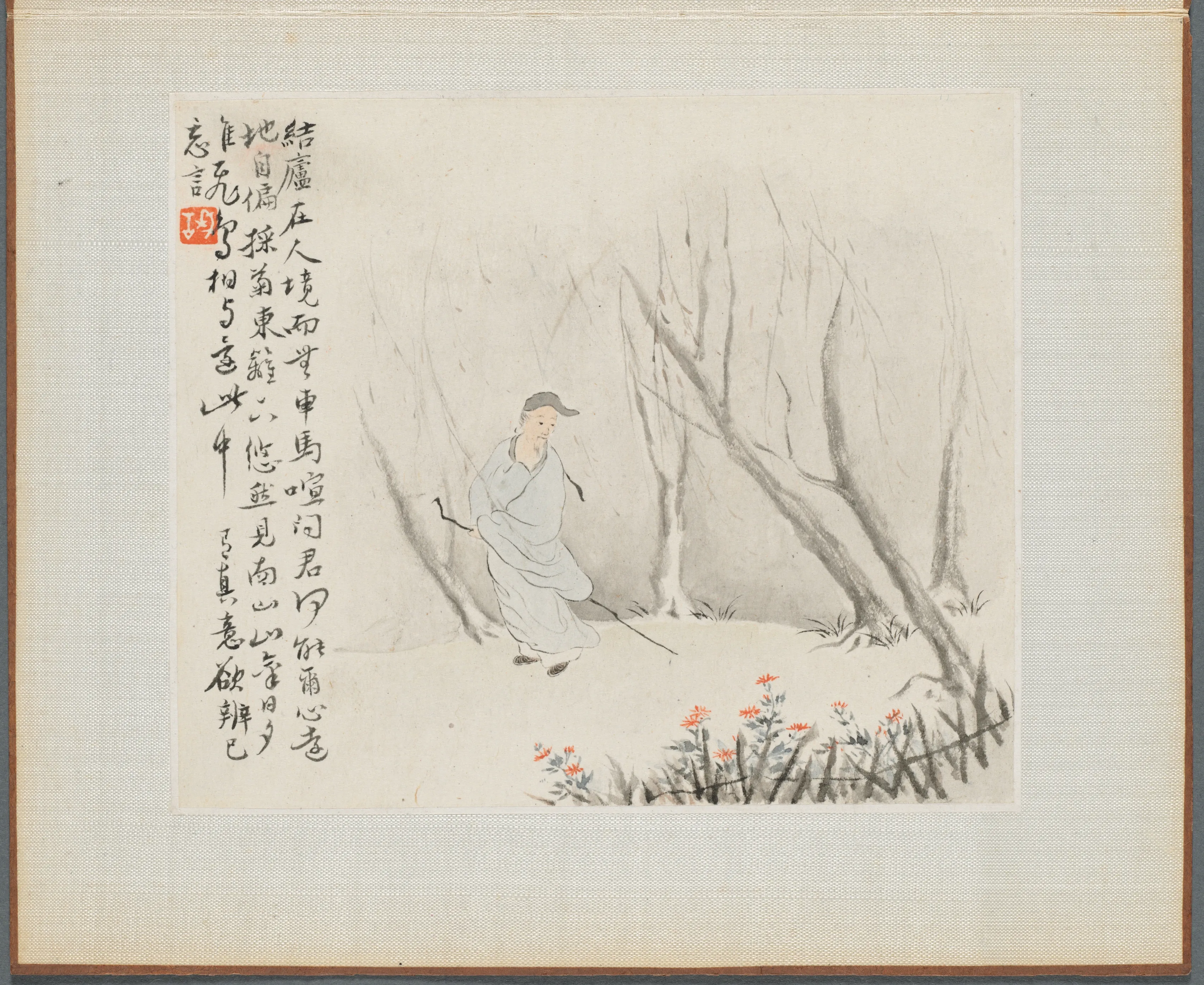 “Album of Landscape Paintings Illustrating Old Poems: An Old Man with a Staff walks a Wooded Path”, Hua Yan, 1700s