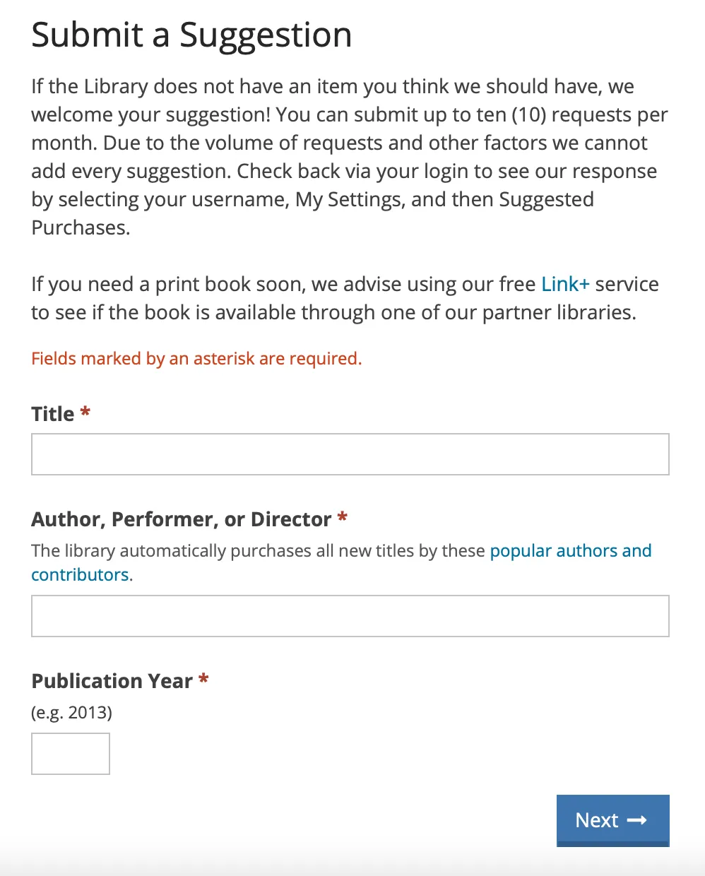 Modal on the SFPL website to submit an acquisition suggestion