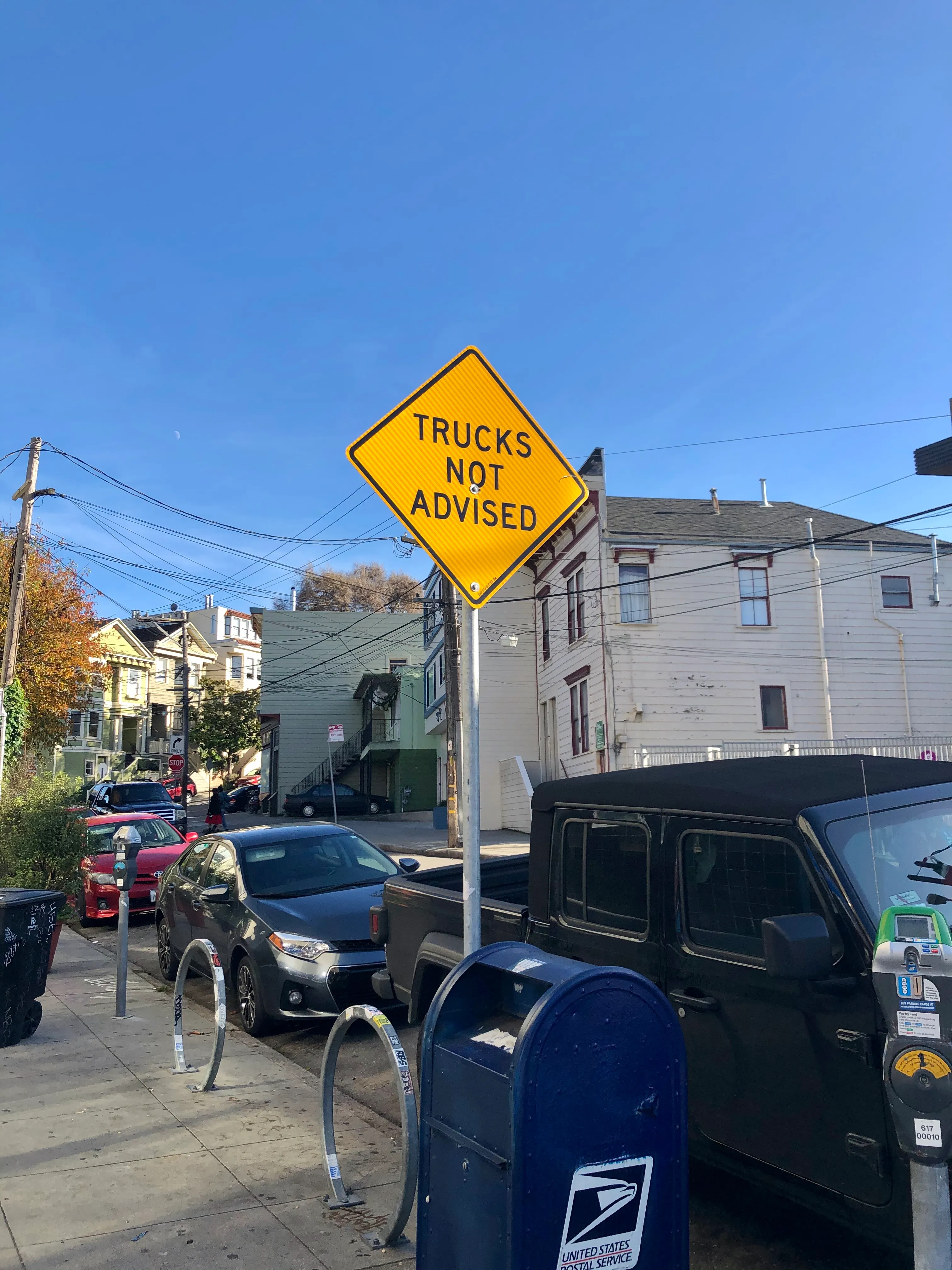 A sign reading "Trucks Not Advised"