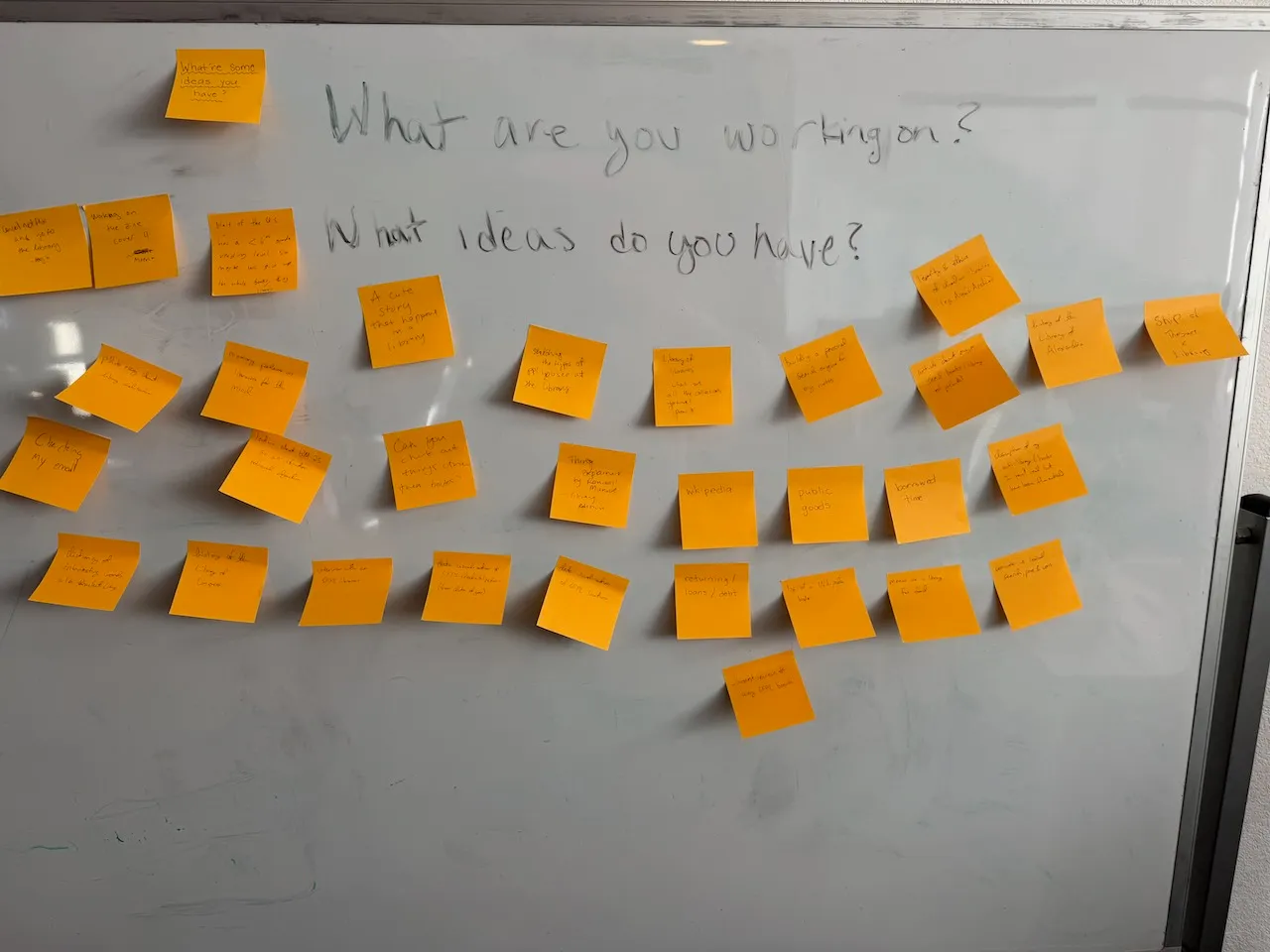 A whiteboard showing sticky notes with ideas for the topic "library"